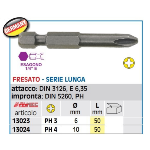 Inserti per avvitare impronta Phillips L50 mm Fermec 130 - PH 3