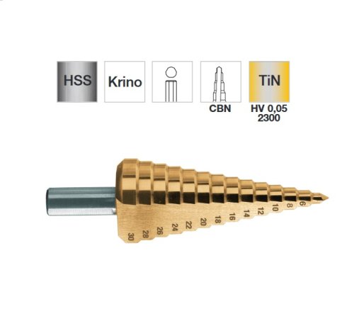 Fresa conica a gradino rivestita al titanio Krino 01230 - ø min-ø max mm 4·12