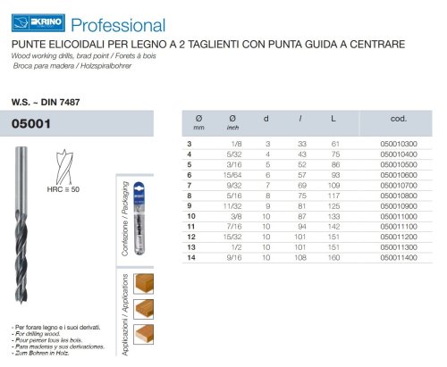 Punta trapano per forare legno a 2 taglienti Krino 05001 - ø mm 4x75