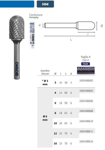 Fresa cilindrica testa sferica Krino 26034 al TiAlN PVD - ø mm 6x18