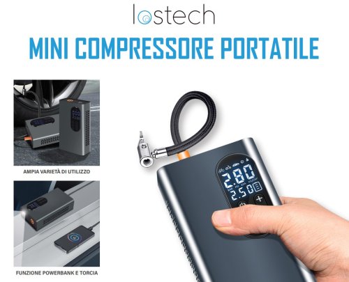Mini compressore portatile aria moto auto bici + power bank + torcia LOSTECH LS-MC01