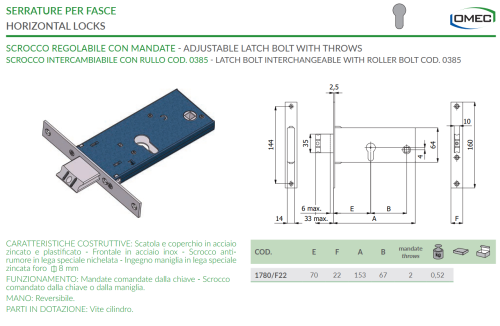 Serratura per fasce a 2 mandate Omec 1780 F22 E70 mm