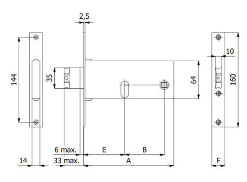 Serratura per fasce scrocco doppia mandata Omec 380 - frontale 16 mm