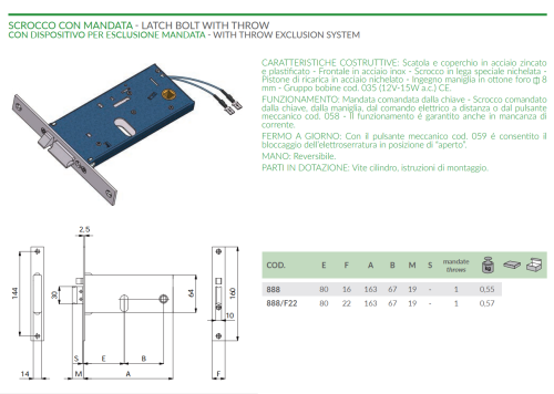 Serratura elettrica per fasce scrocco e mandata Omec 888 - frontale 16 mm