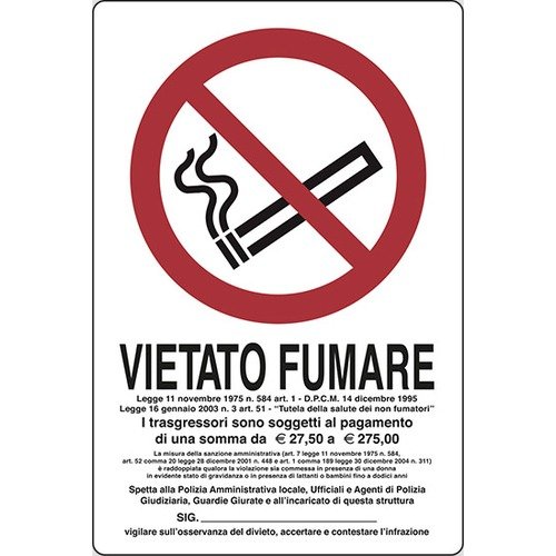 Cartello segnaletico "VIETATO FUMARE I TRASGRESSORI..." cm 30x20