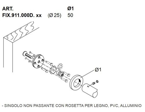 Fissaggio singolo acciaio inox PBA FIX.911.000D.44 per maniglioni su legno, pvc, alluminio