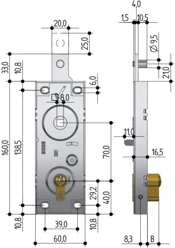 Serratura per basculante con cilindro profilo EU Prefer 6598.0810.0200
