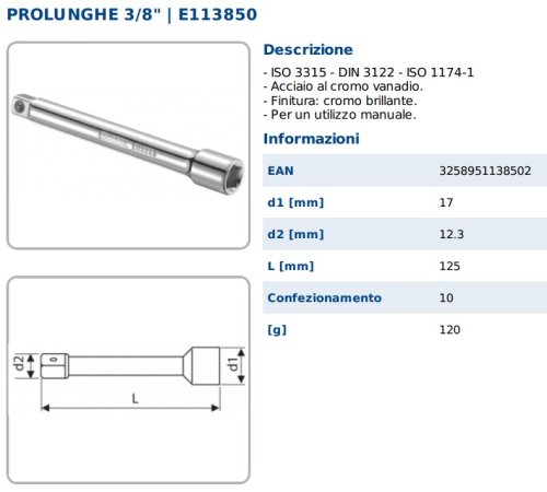 Prolunga bussola esagonale 3/8" - 125 mm Expert E113850