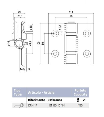 Cerniera in acciaio 2 ali mezzeria Rolling Center CRN1P ET00101M