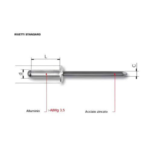 Rivetto a strappo testa cilindrica in alluminio - ø x L mm 3,4x14