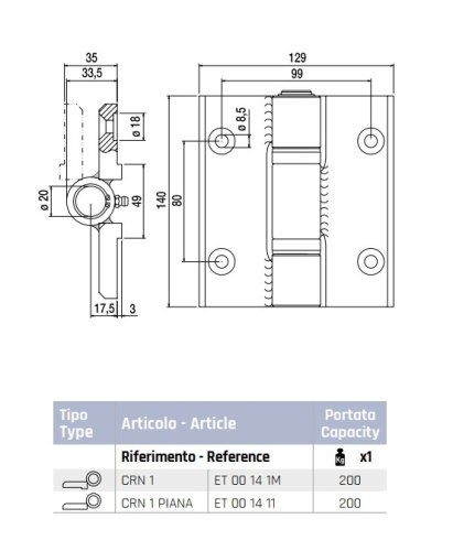 Cerniera in acciaio per portoni a libro 2 ali mezzeria forate perno ø 20 mm Rolling Center CRN1