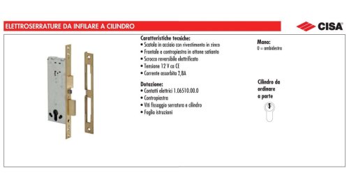 Cisa 12011 serratura elettrica 12Vac F22 mm da infilare, catenaccio a ritorno automatico - E mm 60
