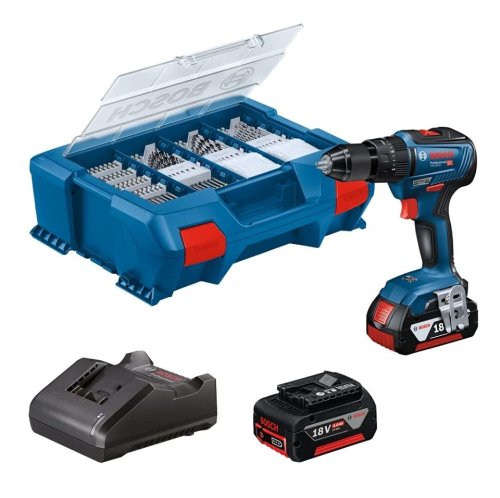 Trapano avvitatore Bosch Professional GSB 18V-55, 2x4Ah + 82 accessori