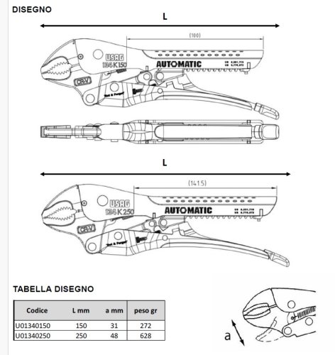 Pinza autobloccante automatica ganasce concave Usag 134 K - L (mm) 150