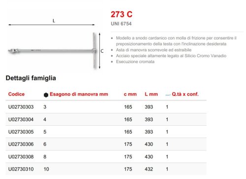 Chiave a "T" USAG 273 C con maschio esagonale e snodo cardanico - mm 4