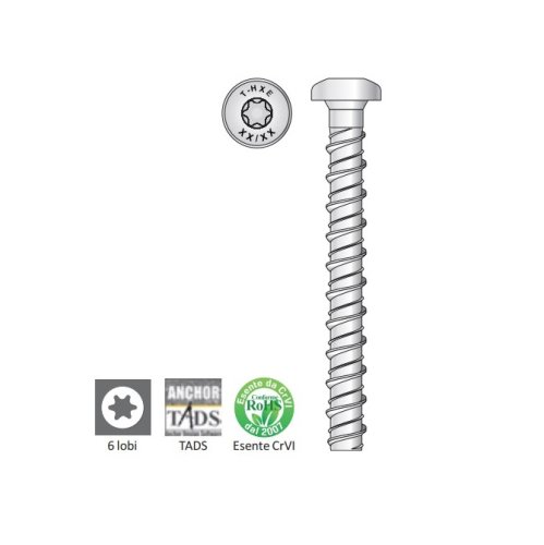 Vite TECFI HXE05 in acciaio zincato testa cilindrica TORX per fissaggio su calcestruzzo - ø mm 8x40