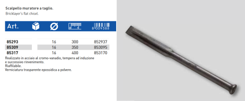 Scalpello muratore piatto Ausonia in acciaio al cromo vanadio - mm 16x300