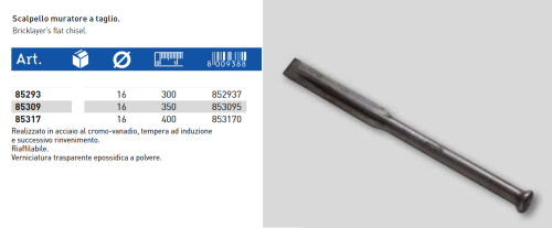 Scalpello muratore piatto Ausonia in acciaio al cromo vanadio - mm 16x350