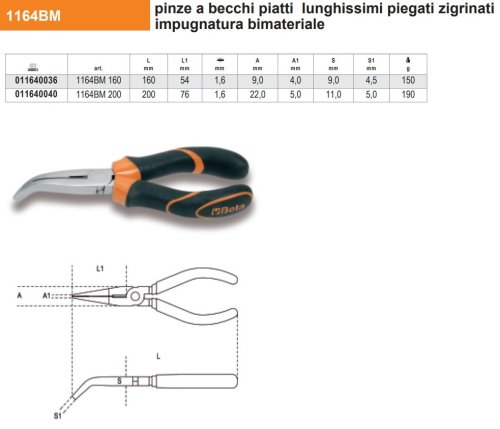 Pinza becchi piatti lunghi piegati Beta 1164BM - mm 160