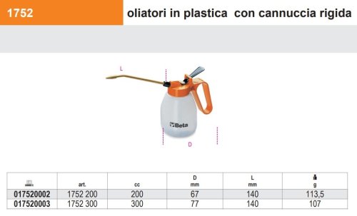 Oliatore in plastica a canna rigida Beta 1752  - CC 300
