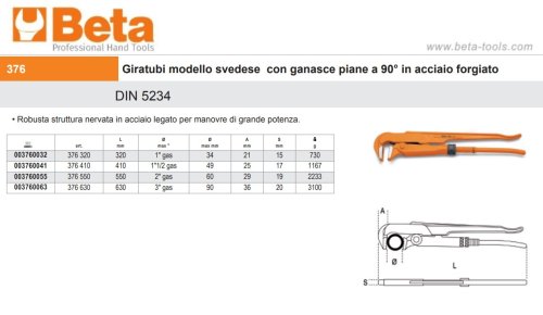 Giratubi svedese Beta 376 con ganasce piane a 90° in acciaio forgiato - mm 320