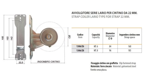 Avvolgitore a semincasso cintino tapparella mm 22 Bolis Lario 1306 - capacità 6 mt