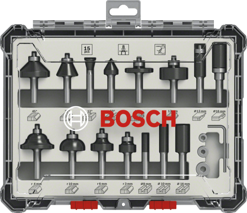 Set 15 frese Bosch miste per legno codolo 6 mm
