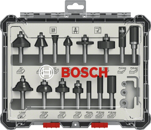 Set 15 frese Bosch miste per legno codolo 8 mm