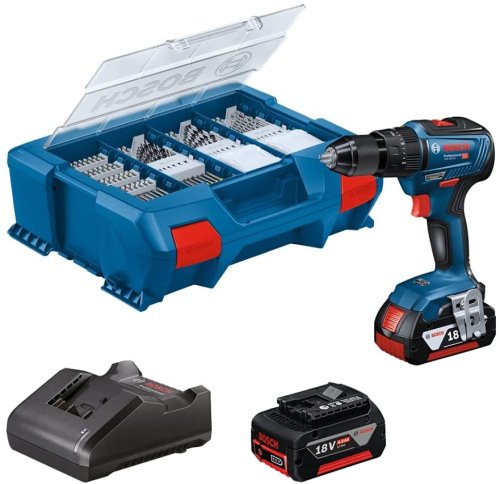 Trapano avvitatore Bosch Professional GSB 18V-55, 2x4Ah + 82 accessori