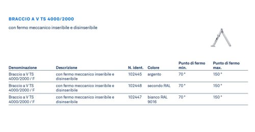 Braccio V per chiudiporta Geze TS 2000-4000 con fermo disinseribile - colore argento