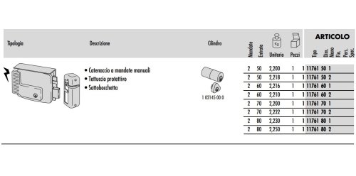 Cisa 11761 serratura elettrica 12V c.a per cancello con catenaccio 2 mandate - E mm 60 - mano DX