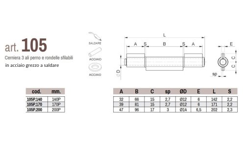 Cerniere 3 ali in acciaio grezzo con perno sfilabile Combi 105P - mm 140