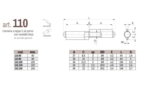 Cerniere a saldare 2 ali in acciaio grezzo perno fisso Combi 110 - mm 60