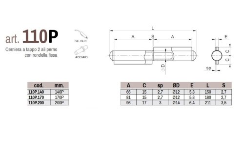 Cerniere a saldare 2 ali in acciaio grezzo con perno fisso Combi 110P - mm 140