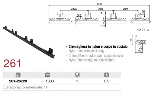 Cremagliera in nylon 1mt per motori scorrevoli 261-26x20