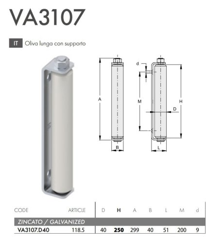 Oliva lunga guida cancelli scorrevoli FAC 118.5 - VA3107 ø 40 mm