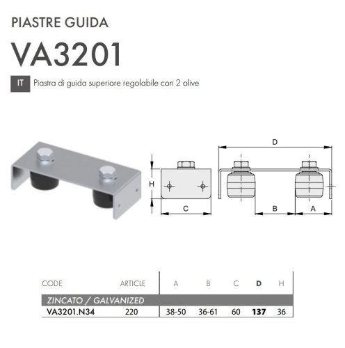 Piastra regolabile guida superiore cancello scorrevole, 2 olive FAC 220 - VA3201.N34