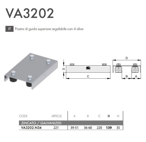 Piastra di guida cancello scorrevole superiore regolabile FAC 221 - VA3202.N34