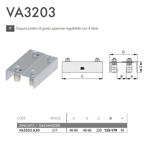 Piastra superiore guida cancello scorrevole regolabile, 4 olive FAC 217 - VA3203.A30