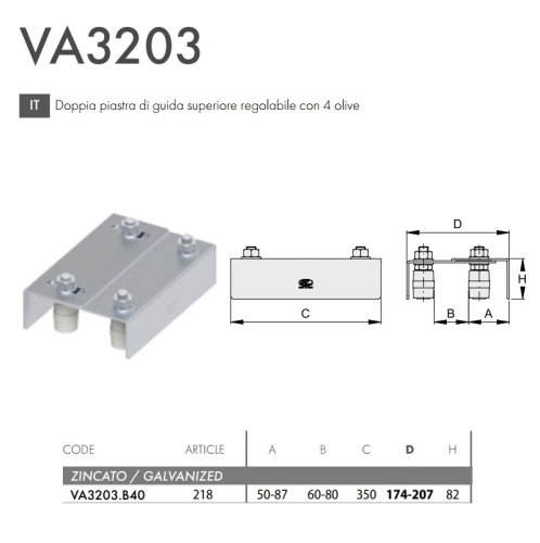 Piastra superiore guida cancello scorrevole regolabile, 4 olive FAC 218 - VA3203.B40