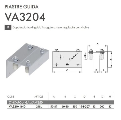 Piastra di guida superiore cancello scorrevole regolabile, 4 olive FAC 218L - VA3204.B40