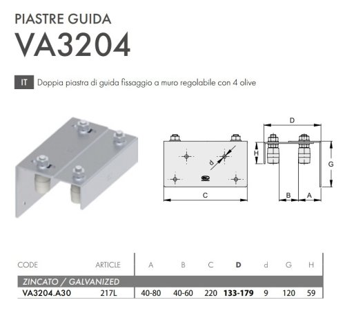 Piastra di guida superiore cancello scorrevole regolabile, 4 olive FAC 217L - VA3204.A30