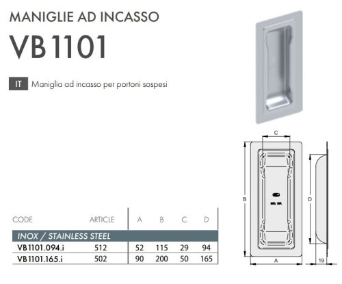 Maniglia ad incasso in acciaio inox per portoni sospesi FAC VB1101 - mm 52x115