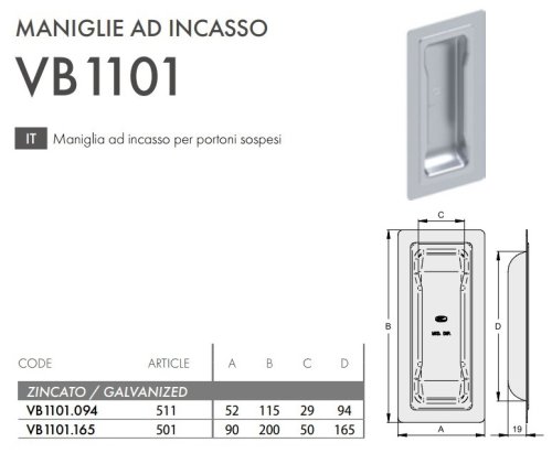 Maniglia ad incasso in lamiera zincata per portoni sospesi FAC VB1101 - mm 52x115