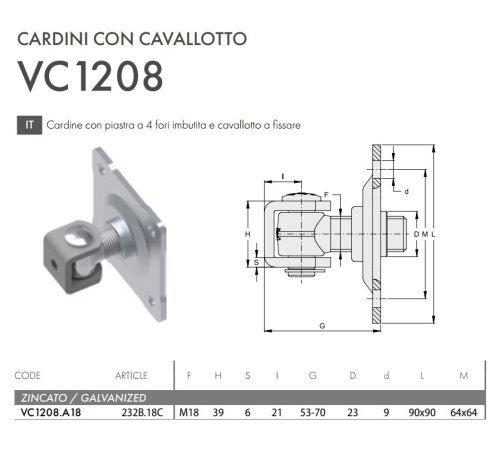 Cardine cancello in acciaio zincato con piastra 4 fori bombata FAC VC1208 - | M18