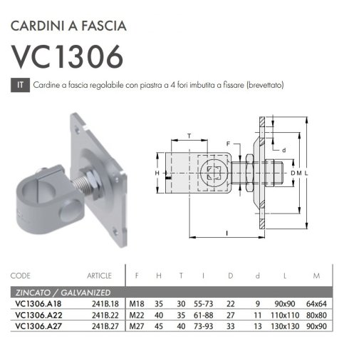 Cardine cancello in acciaio zincato regolabile piastra 4 fori FAC 241B - VC1306 - | M18