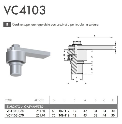 Cardine cancello superiore regolabile per tubolari a saldare FAC VC4103 - ø mm 60