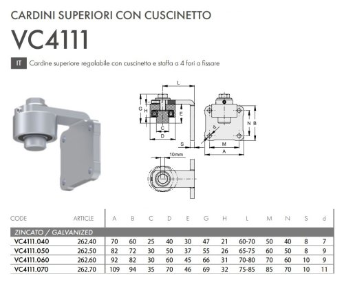 Cardine cancello superiore zincato regolabile piastra forata FAC 262 - VC4111 - ø mm 50