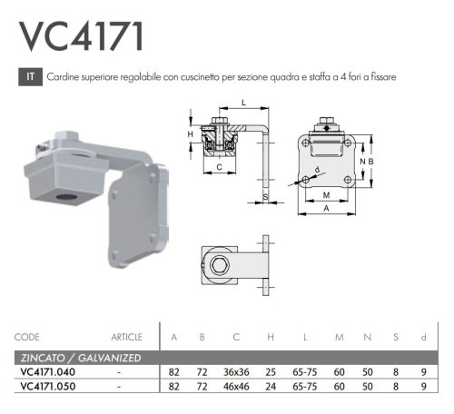 Cardine superiore zincato regolabile per cancello con piastra FAC VC4171 - quadro mm 36x36