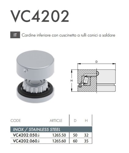 Cardine inferiore acciaio inox a rulli conici per anta cancello a saldare FAC 1265 - VC4202.i - ø mm 50